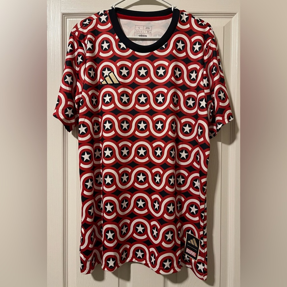 Adidas MARVEL X Captain America TEE Warmup Jersey MLS Men’s Size SML & Large NEW